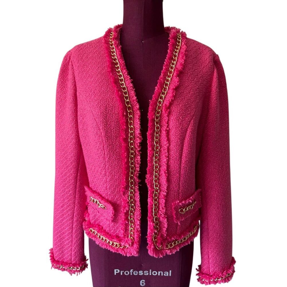 WD-NY Blazer Tweed Fringe Gold Chain Open Front Hot Pink Medium - Picture 2 of 11